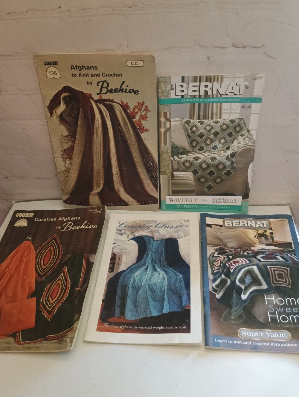 Lot of 5 Vintage Afghan Knit Crochet  Pattern Books Paton  Beehive Bernat